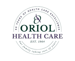 Oriol Health Care 60 Years of Health Care Exce Oriol Health Care circular logo with green and purple text. Outer ring reads “60 Years of Health Care Excellence” and “Our family taking care of yours.” Center features the Oriol “O” icon, the words “Oriol Health Care,” and “Est. 1964.