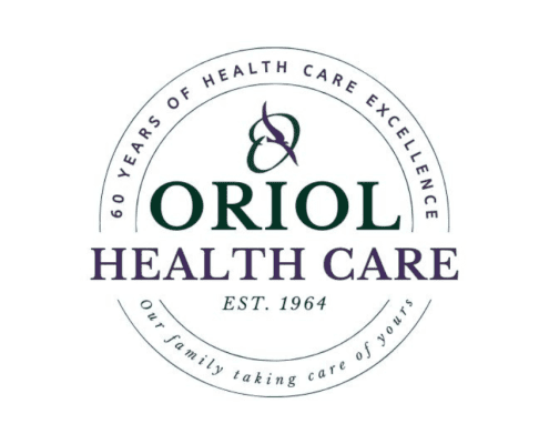 Oriol Health Care circular logo with green and purple text. Outer ring reads “60 Years of Health Care Excellence” and “Our family taking care of yours.” Center features the Oriol “O” icon, the words “Oriol Health Care,” and “Est. 1964.