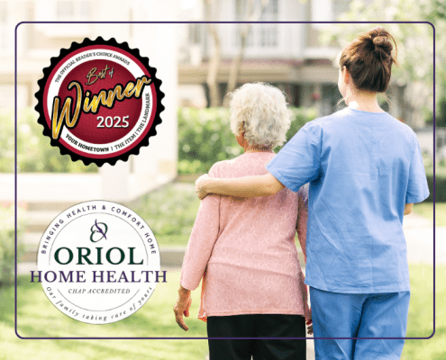 A caregiver walks arm-in-arm with an older adult outdoors, with the Oriol Home Health logo and a “Best of Your Hometown 2025 Winner” seal displayed.