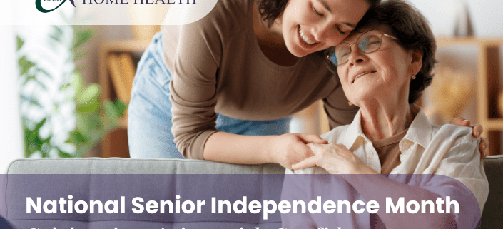 Senior woman relaxing at home with supportive caregiver, representing National Senior Independence Month and aging with confidence supported by Oriol Home Health.