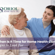 Home health nurse reviewing care plan with patient at home, showing when to start home health care services
