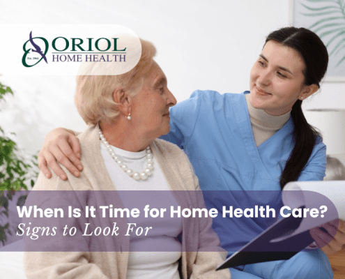 Home health nurse reviewing care plan with patient at home, showing when to start home health care services