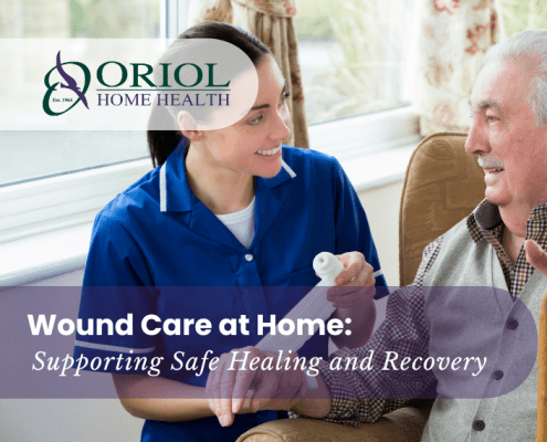 Nurse providing wound care to an elderly patient at home, supporting safe healing and recovery with home health services