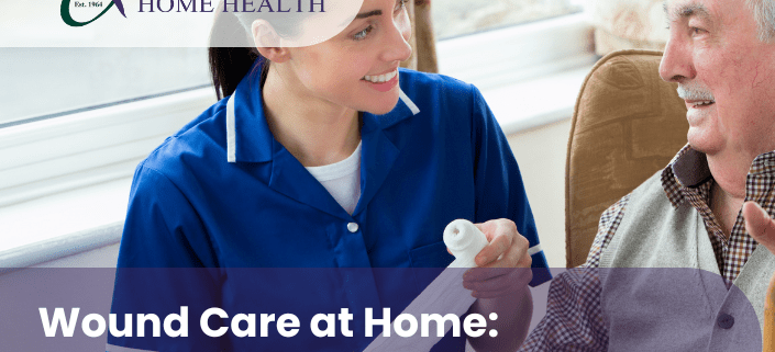 Nurse providing wound care to an elderly patient at home, supporting safe healing and recovery with home health services